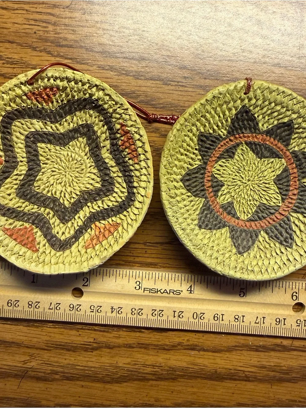 Handwoven Round Straw Ornaments with Star Motifs - Yellow, Black, Orange